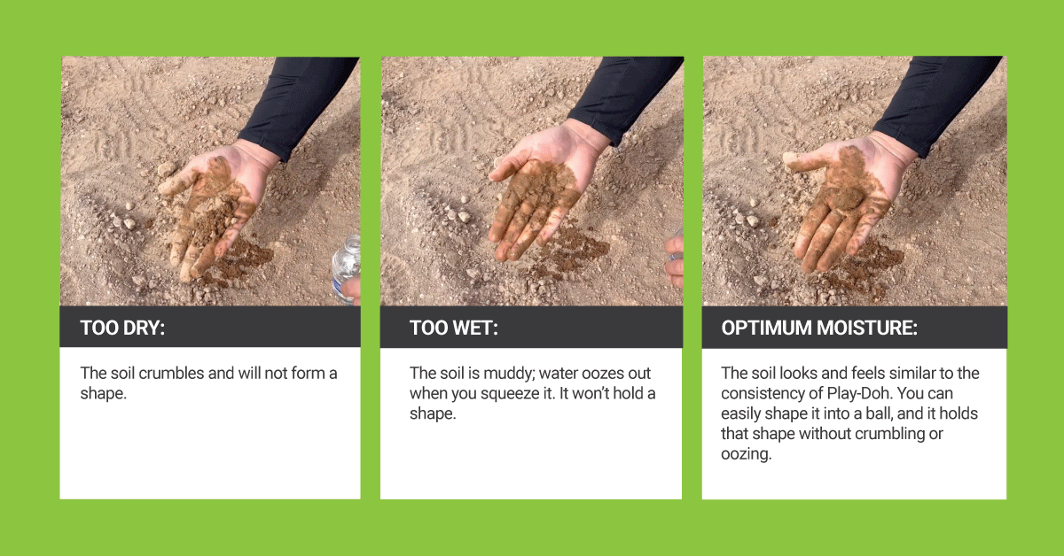 Close-up of someone performing a soil hand test to show too dry, too wet, and optimum moisture content