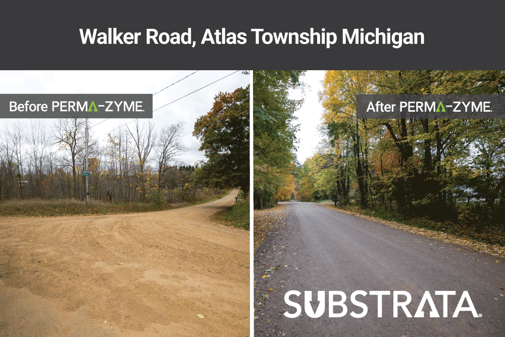 Walker Road in Atlas Township, Michigan, before and after Perma-Zyme treatment
