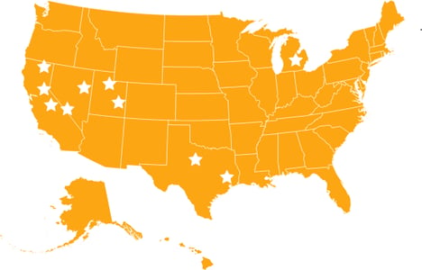 Orange map of U.S. with stars indicating Perma-Zyme stabilized roads with videoand photo reviews