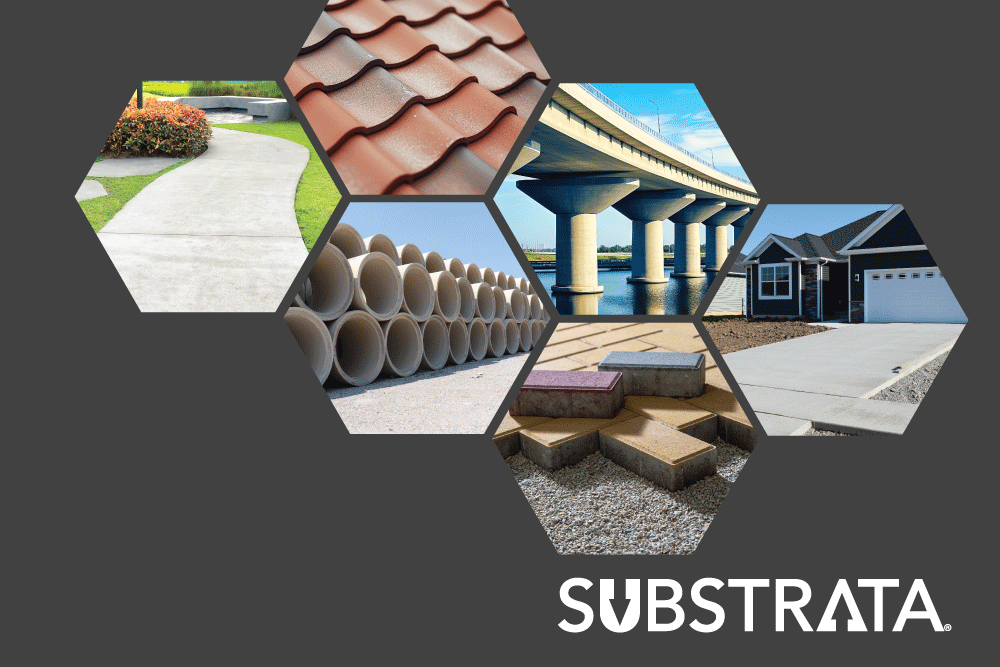 Collage of cement products, including pipes, shingles, sidewalks, driveways, bridges, and paving stones