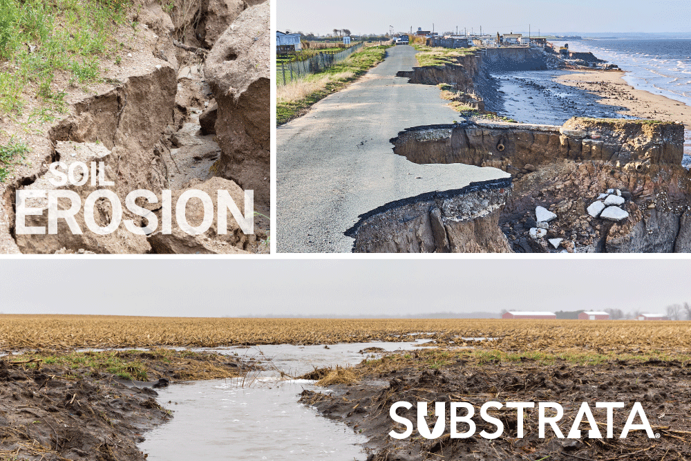 Three types of erosion including a collapsed road on a cliffside