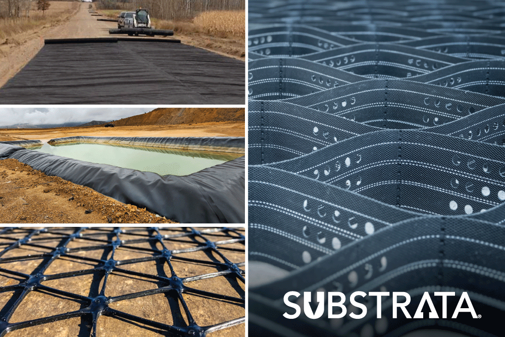 Collage of geotextile, geomembrane, geogrid, and geocell