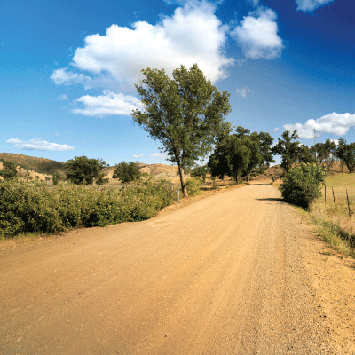 Unpaved, Perma-Zyme treated road in a rural area