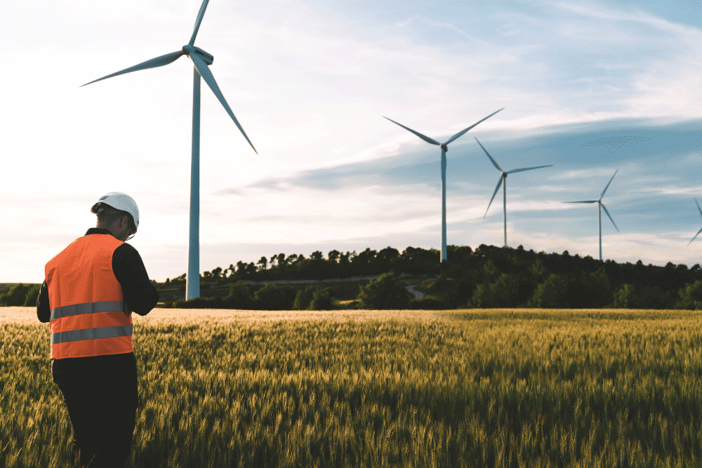 Maintenance worker checking on wind turbines