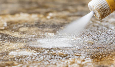 Spraying an enzyme cleaner onto a greasy surface